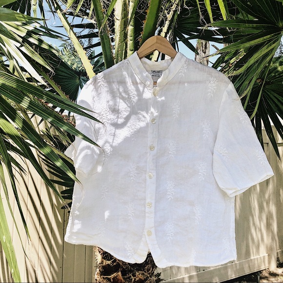CP Shades Tops - {CP Shades} Embroidered Mandarin Collar Linen Top